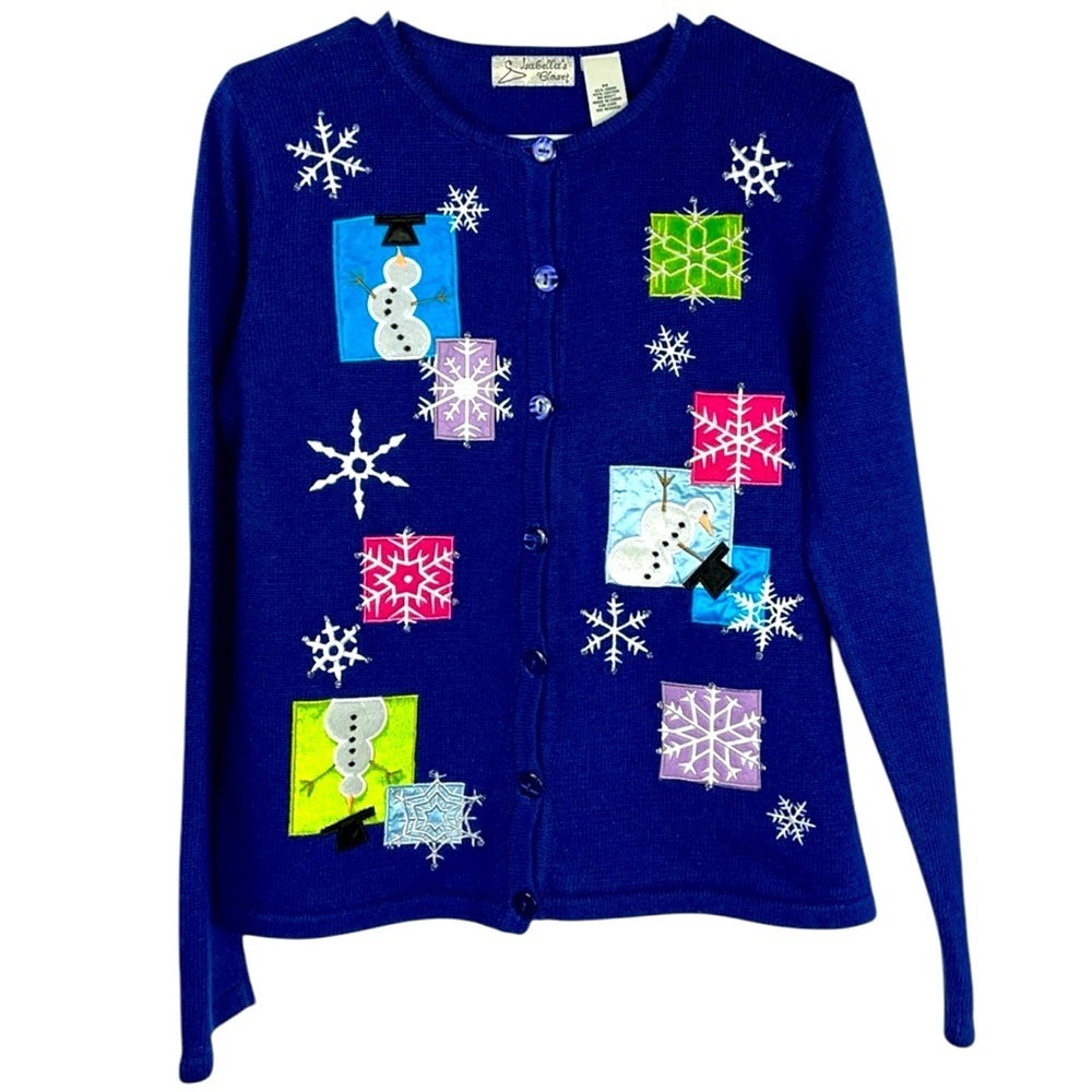 Isabellas's Closet winter themed button down cardigan long sleeve Sz M Indigo